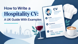 Illustrated one-page CV with profile, experience and skills sections surrounded by wine glass, chef hat and coffee icons